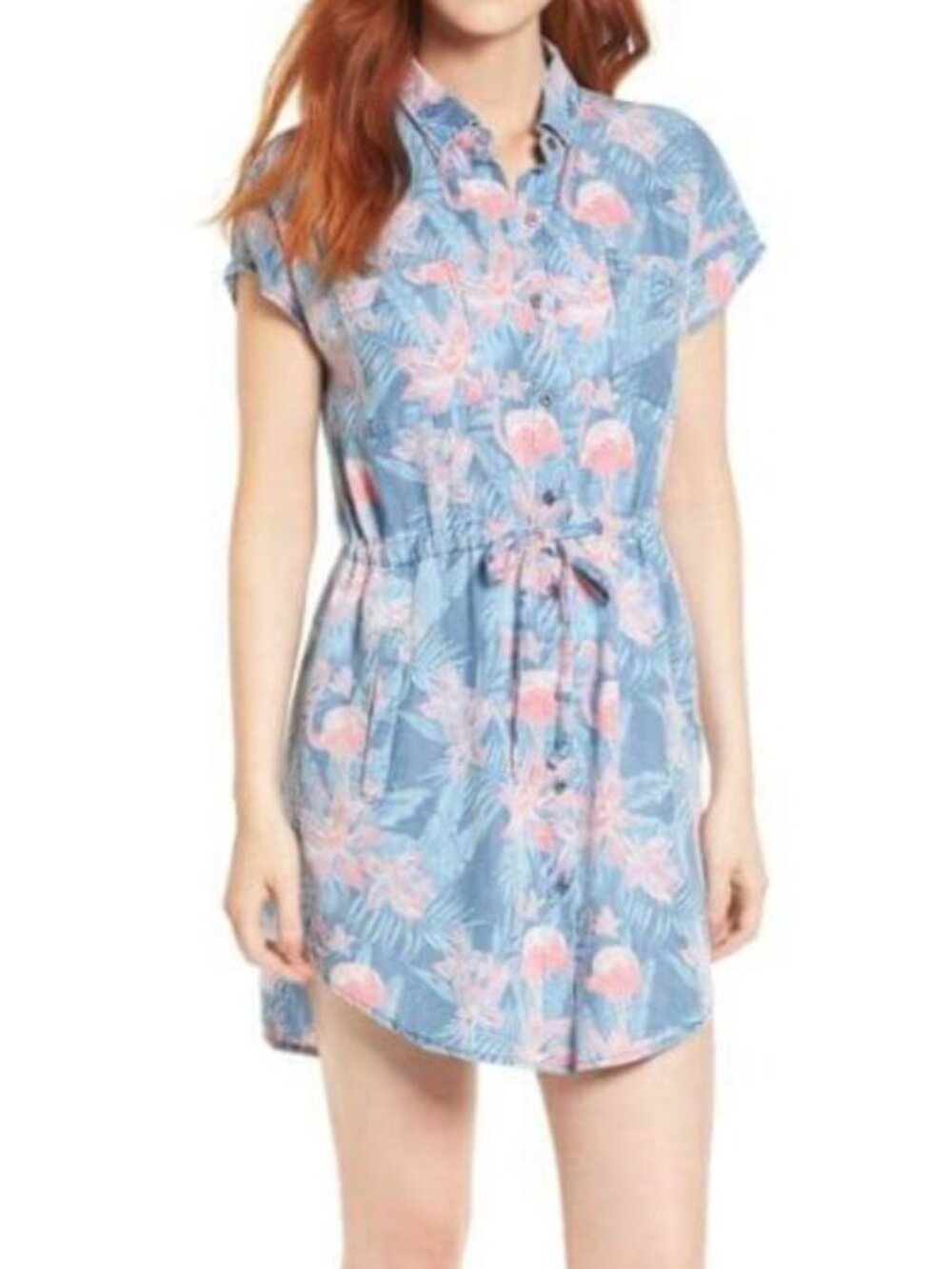 Billy T Blue Flamingo Shirt Dress Cinch Tie Waist Short Sleeve Tropical NEW